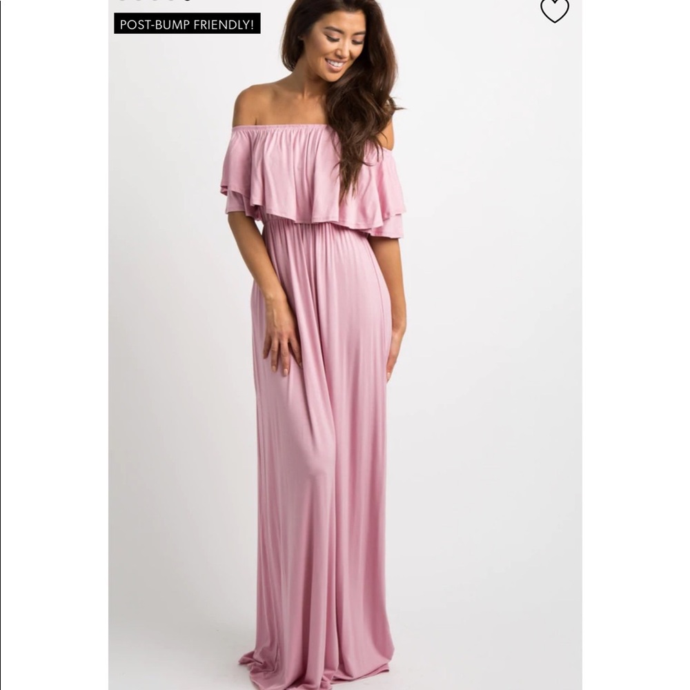 PinkBlush Light Pink Off Shoulder Ruffle Trim Maternity Maxi Dress